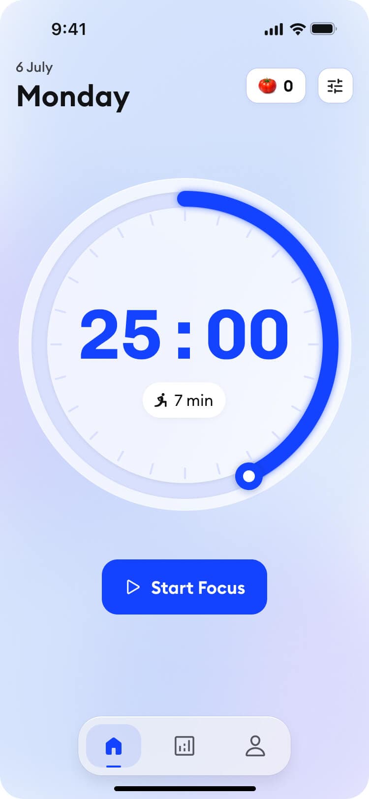 MoveMate: Flow focus timer showing a 25 minute session